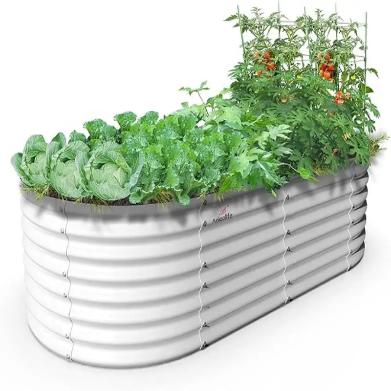 Galvanized Oval Metal Raised Garden Bed - Large Anti-Rust Planter for Vegetables, Flowers,Herbs, Easy to Install, Antique White