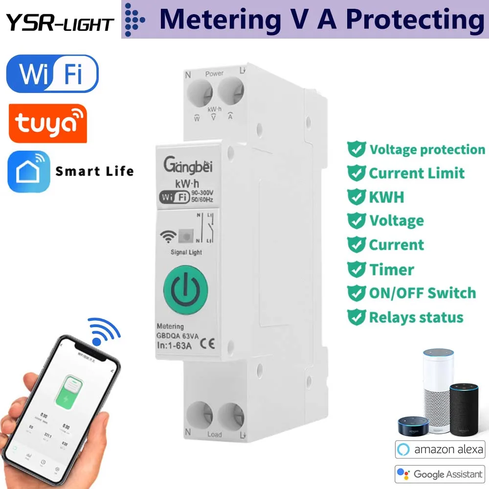 

1-63A Smart WiFi Circuit Breaker Under Voltage Over Current Protection Power Metering Tuya App/Voice/Switch Control Google Alexa