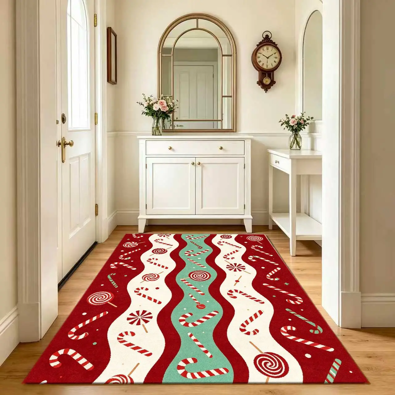1pc Soft Velvet Area Rug, Christmas Candy Cane Pattern, Machine Washable, Jumbo Rectangular Floor Mat for Living Room