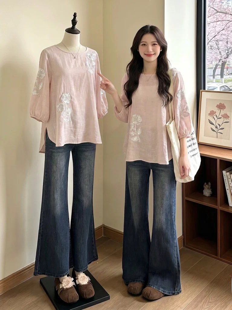 

Pink Sequin Embroidery Thin Shoulder Women's Shirt Summer New Style plus Size Trendy Ageless Top Korean Style Commute Fashion