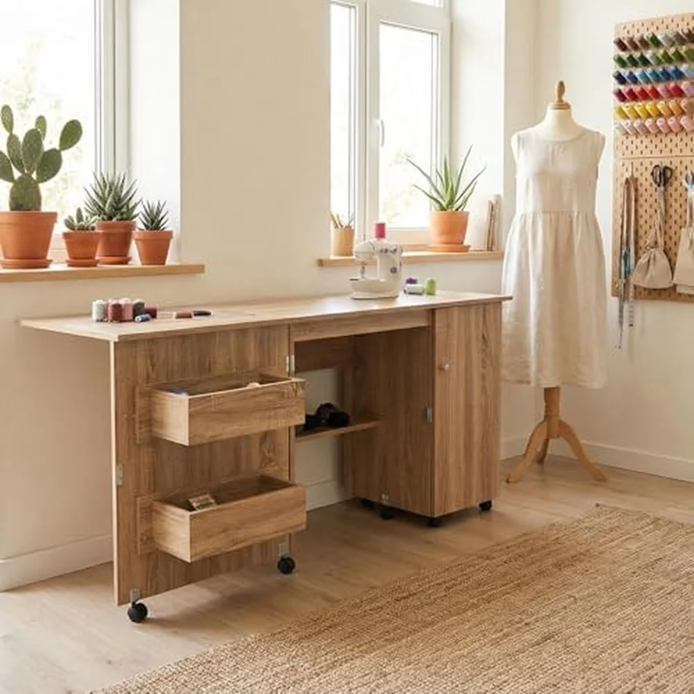 Folding Sewing Table for Office Multipurpose Portable Sewing Machine Desk with Storage Shelves Lockable Wheels Magnetic