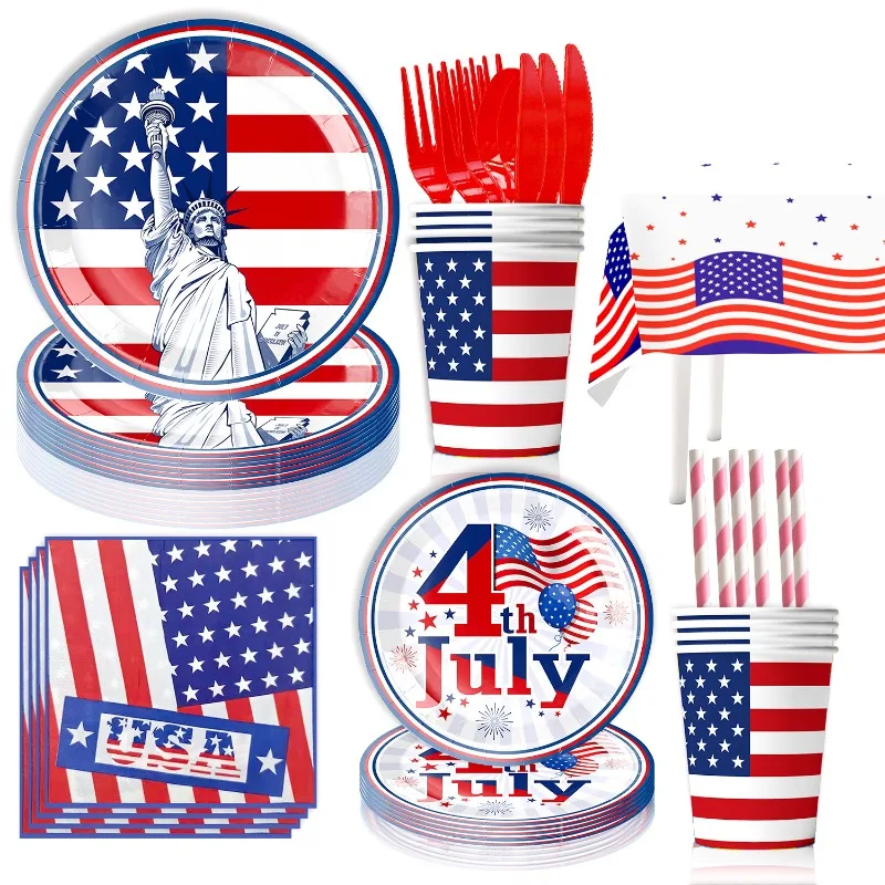 Independence Day themed party supplies decorations paper cups napkins tablecloths birthday and holiday parties