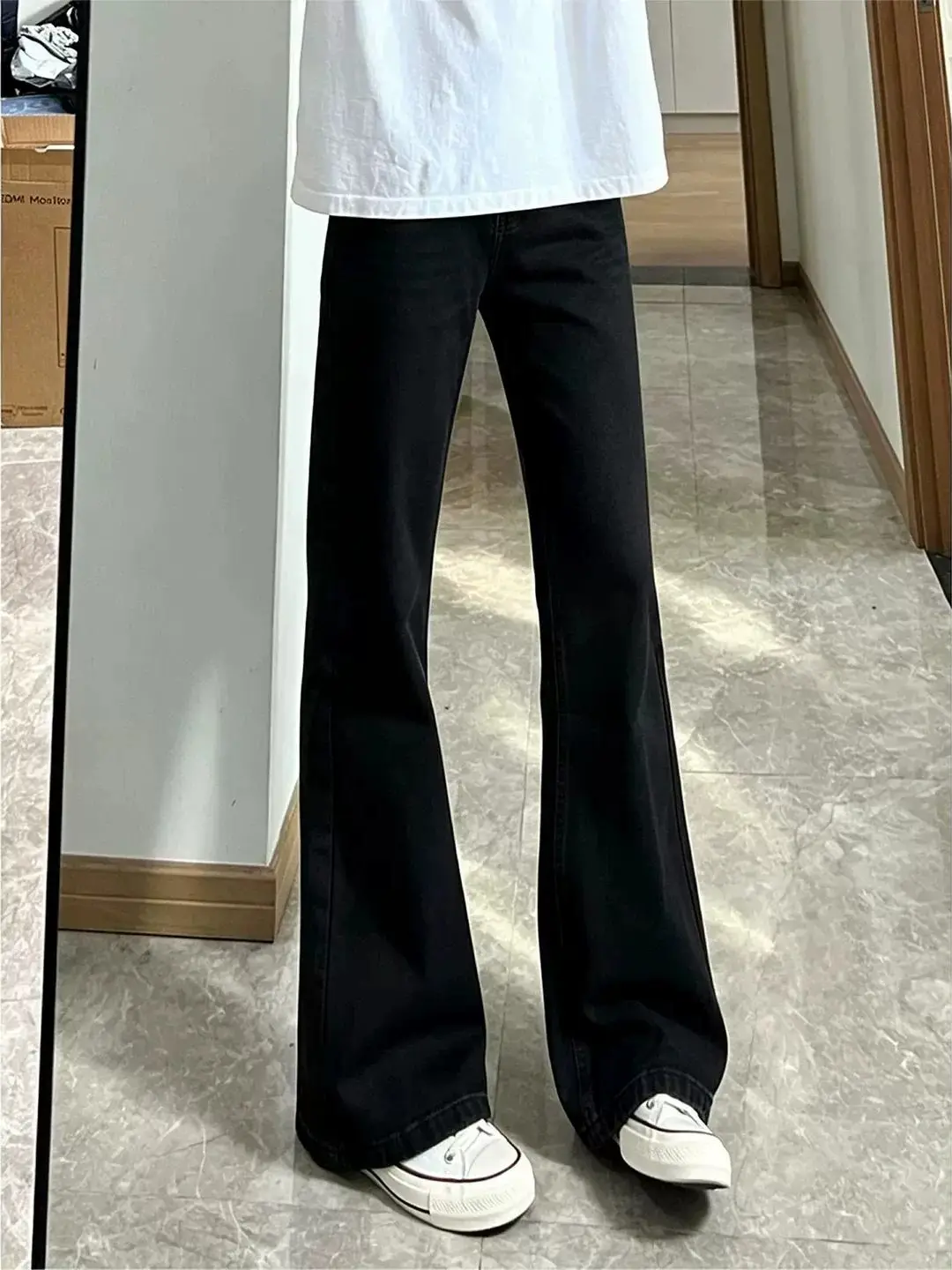 Black Slim Fit Micro Flared Jeans Men's Autumn American High Street Narrow Version Slimming Pants Not Legging Extended Straig...