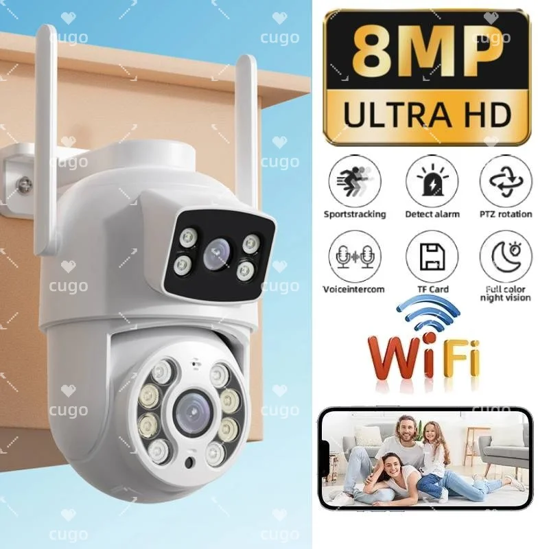 8MP WiFi IP Camera Dual Lens Outdoor 10X Digital Zoom PTZ 4K Wireless Surveillance Cameras Human Detect NightVision Baby Monitor