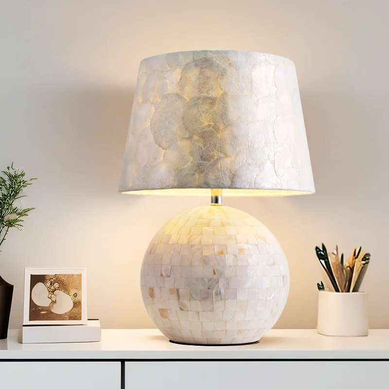 American Simple Natural Shell Ball Table Light with Fabric Lampshade for Living Room Home Decor E27 LED Bulb