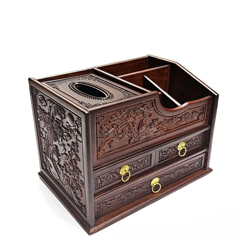 

Multifunctional tissue box Household living room coffee table Solid wood remote control Storage box Four-sided engraved