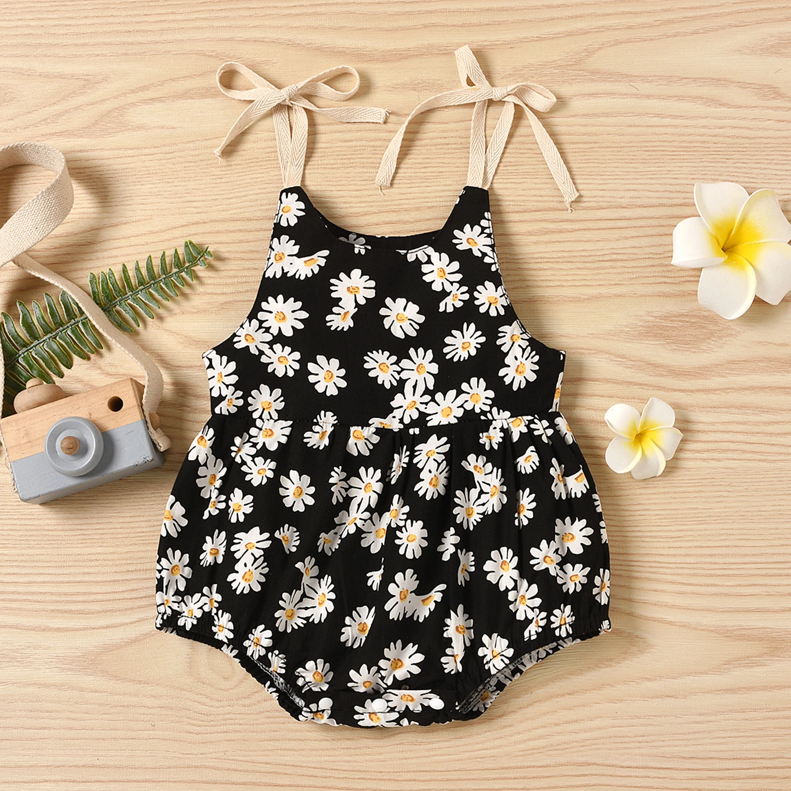 Summer Baby Boy Black Sunflower Print Sling Harness Crawling Suit