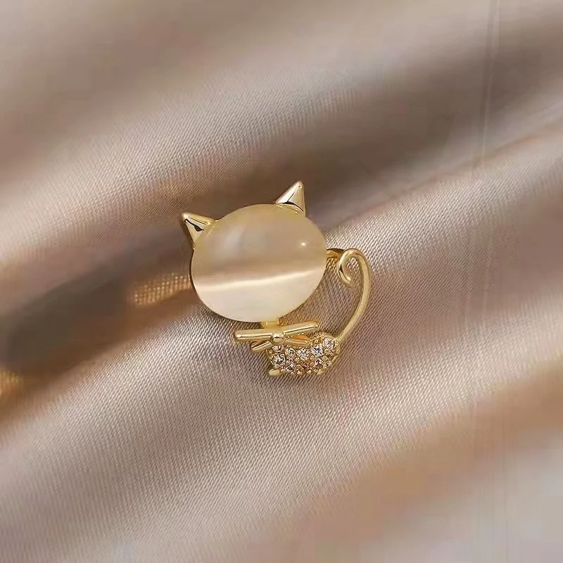 Pin de cuello de solapa con botón para vestido de fiesta para mujer, hebilla de cuello protectora, Pines de gato de ópalo, alfileres de gatito lindos, Charm Crystal