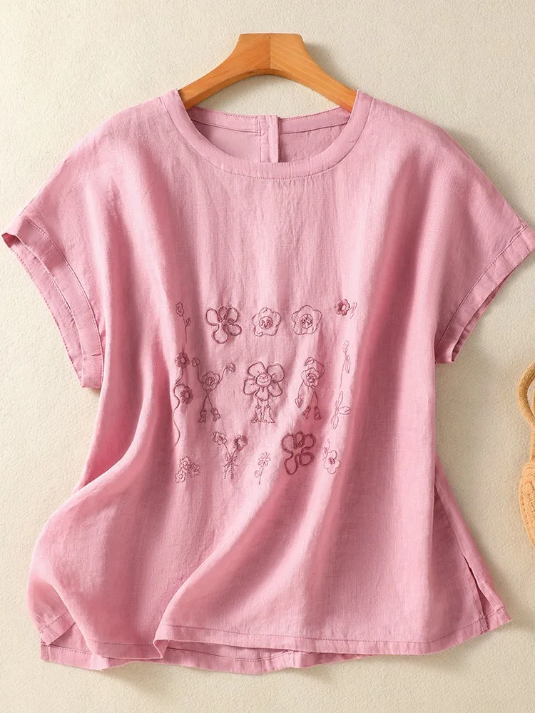 

Retro Heavy Embroidery round Neck Short Sleeve T-Shirt Women Summer Casual Fashionable Half Sleeve Small Shirt Top Thin