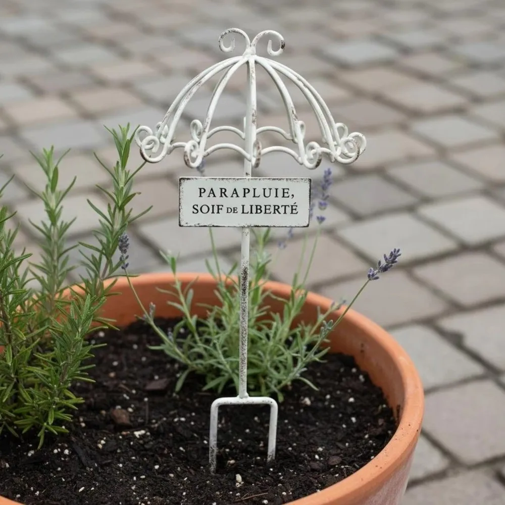 Decorative Rustic Umbrella Flower Stand Iron Lace Border Garden Decoration Distressed Finish Floral Plant Stake Patio