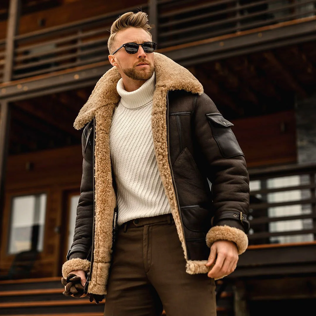 Men's Pilot Jaclets Men Fleece Coats Plus Size Winter Fur Lapel Collar Leather Bomber Jacket Warm Jackets