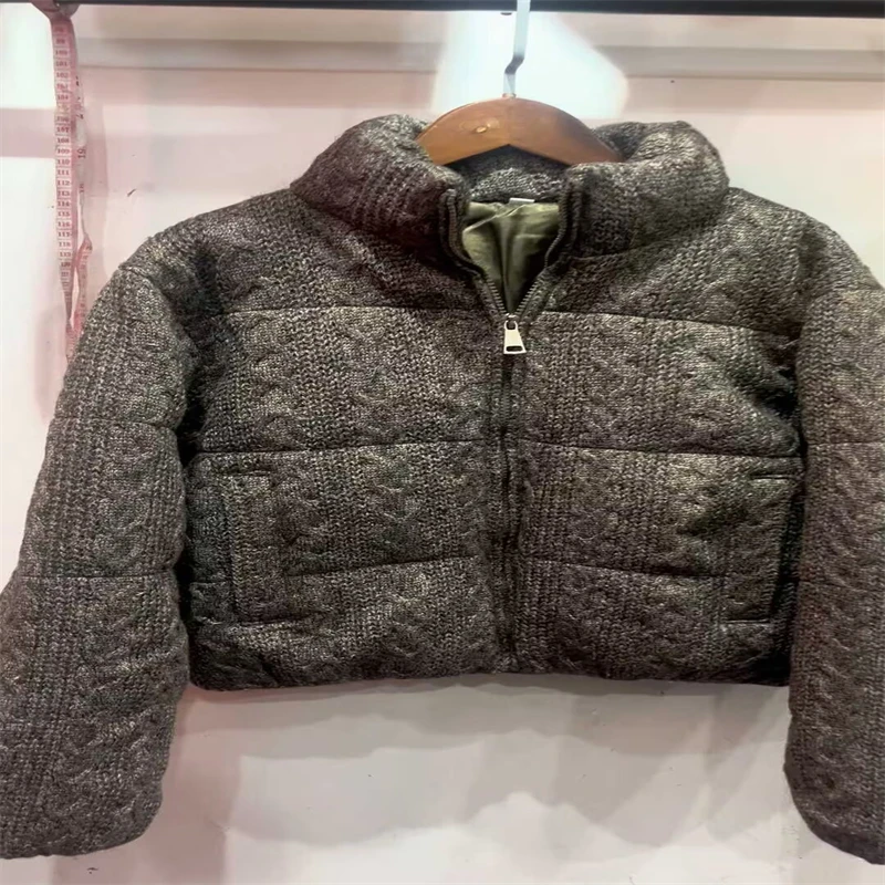 Women's Knitted Texture Stand Collar Zip Cropped Jacket Winter Warm Loose Casual Coat (Brown/Black/White)