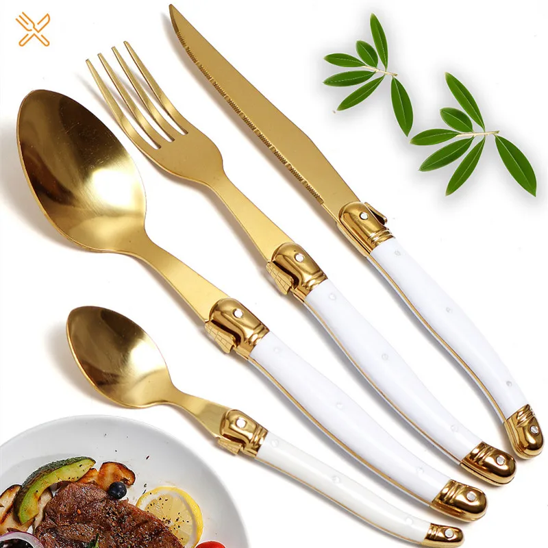 3Pcs Laguiole Luxury Silverware Gold Sharp Blade Wedding Dinnerware Stainless Steel Steak Knives Forks Spoons Utensils