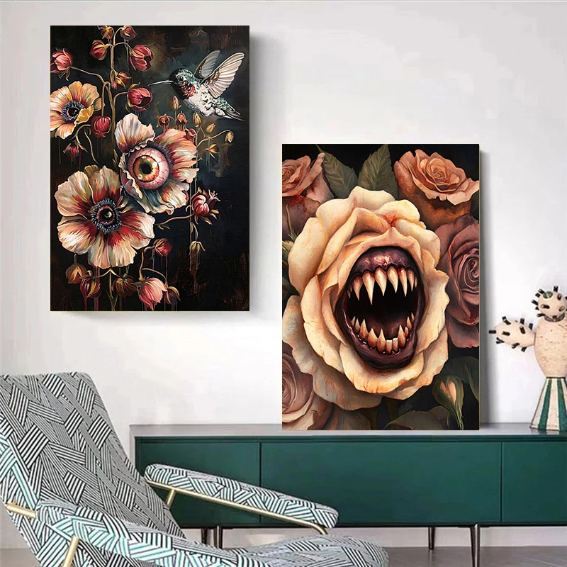 Surreal Skull Flower Canvas Poster Gothic Rose Eyeball Botanical Print Wall Art for Living Room Home Decor Dark Aesthetic