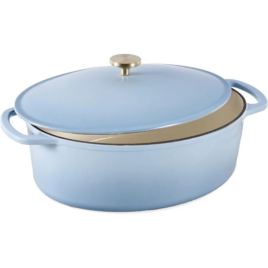 فرن هولندي بيضاوي 7.5 لتر من المينا المصبوبة والحديد شديد التحمل وموسم مسبقًا للخبز والطهي مع مقابض جانبية وزهرة الذرة باللون الأزرق المثالي f