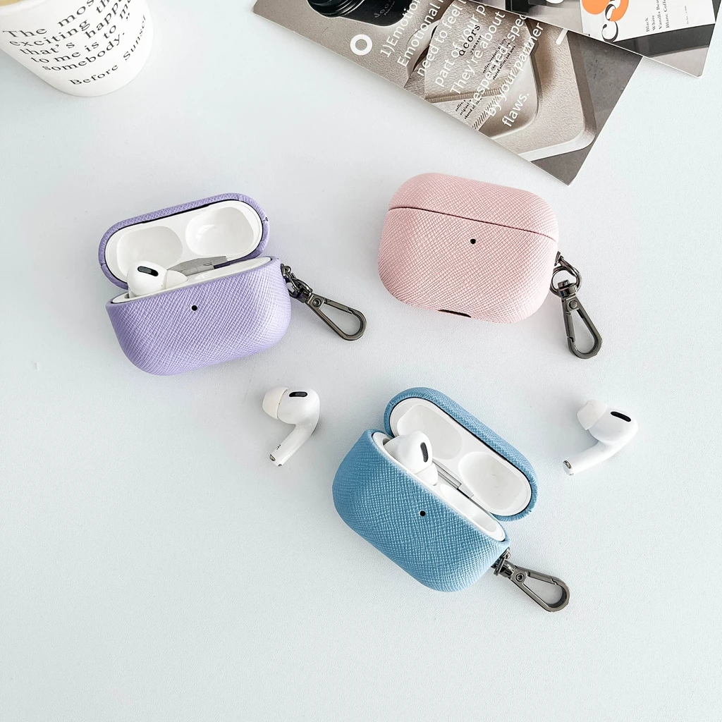 Luxury Cross Grain PU Leather Texture Multiple Color Options With Hook Earphone Cover Case for AirPods 1 or 2 3 4 5 Pro 2 Pro 3