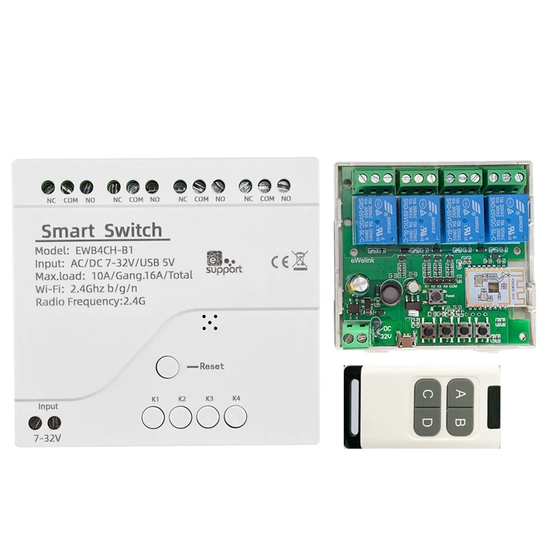 Ewelink Smart Switch Relay Module+Remote 7-32V On Off Controller 4CH 2.4G Wifi Remote For Alexa