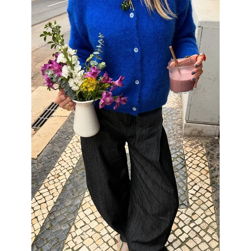 

Combhasaki женский повседневный вязаный кардиган на пуговицах с длинным рукавом однотонный Y2k нечеткая текстура укороченный свитер пальто уличная одежда