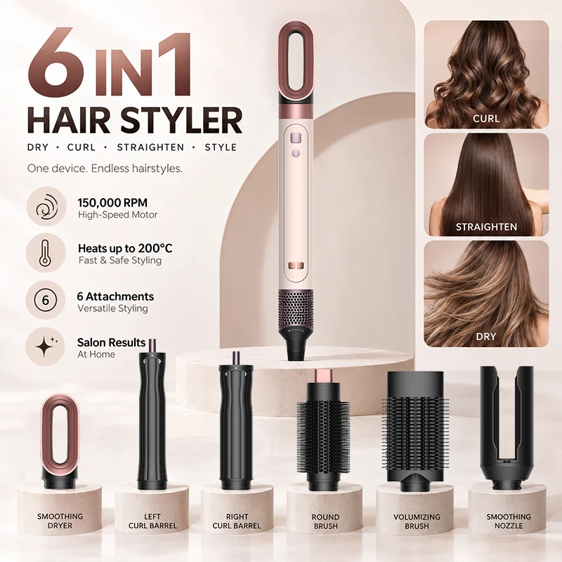 Professional Professional 6 in 1 Cold Hot Air Styling Brush Hair Dryer Curling Iron Straightener Flat Iron 1700W Fast Dry Voluminous Waves - Aliexpress Deal