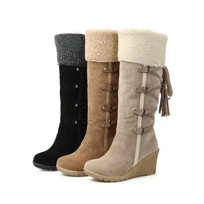 Botas de nieve cálidas para mujer, zapatos de algodón hasta la rodilla, tacón de cuña, talla grande 42, Invierno