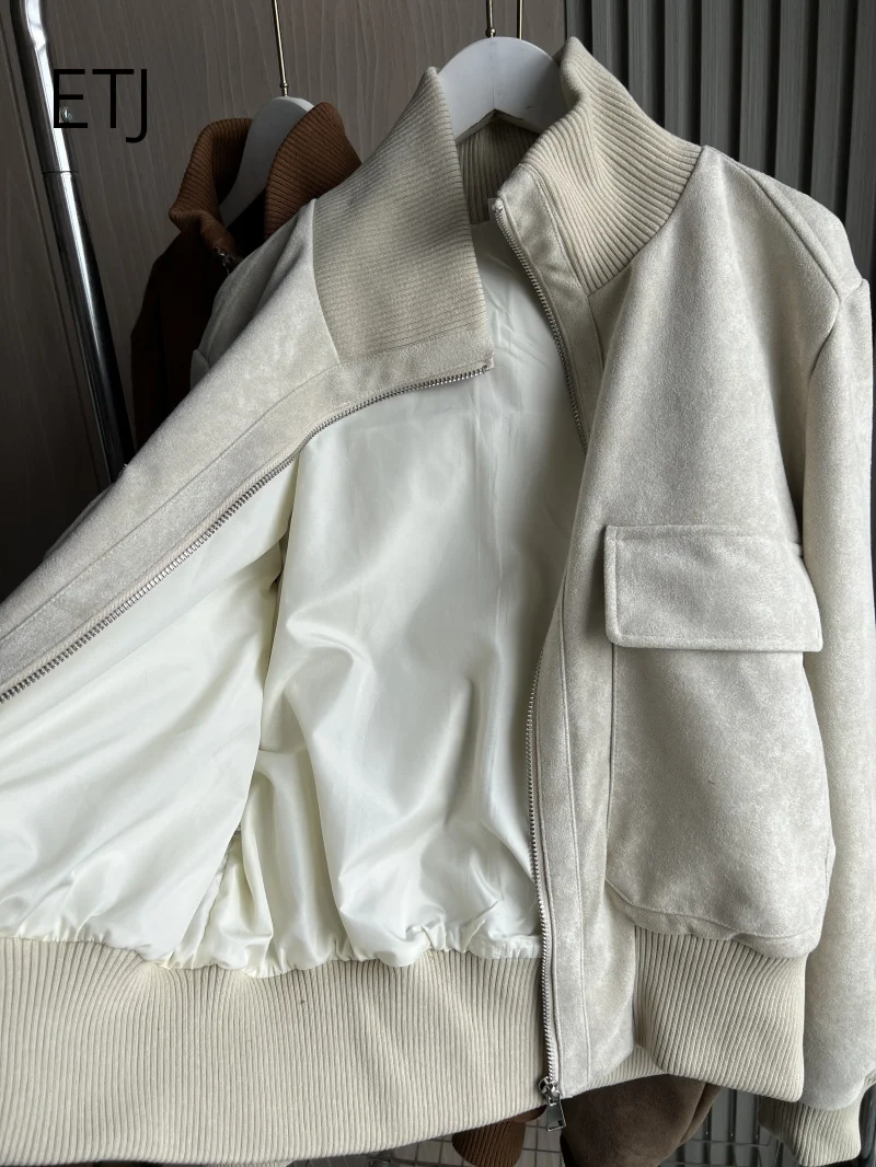 ETJ 2026 Damen Kunstwildlederjacke, kurze Fliegerjacke mit geripptem Saum, Cargotaschen, Reißverschluss, Stehkragen, Vintage-Herbstjacke – Detail 15