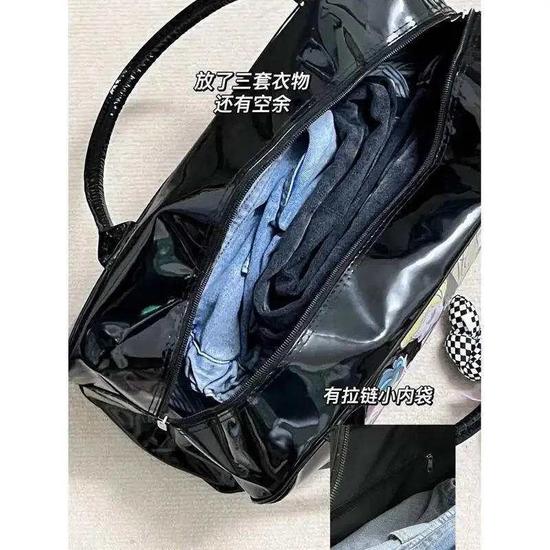 Bloom Large Capacity Black Tote Bag Female Vintage Cartoon Print Pu Leather Shoulder Bags Ladies Retro Y2k Handbag Aesthetic