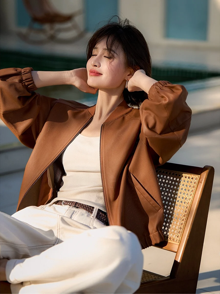 

Xhange Spring 2026 Women's Lamb Leather Jacket Stand Collar Tech Punched Long Sleeve Standard Fit Casual Wear Fashionable