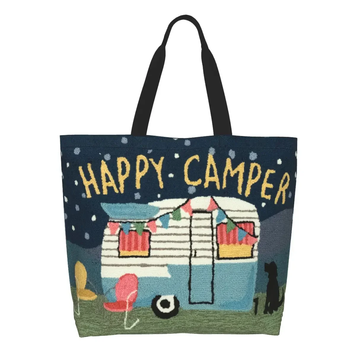 

Reusable Adventure Travel Happy Shopping Bag Women Canvas Shoulder Tote Bag Portable RV Camping Groceries Shopper Bags