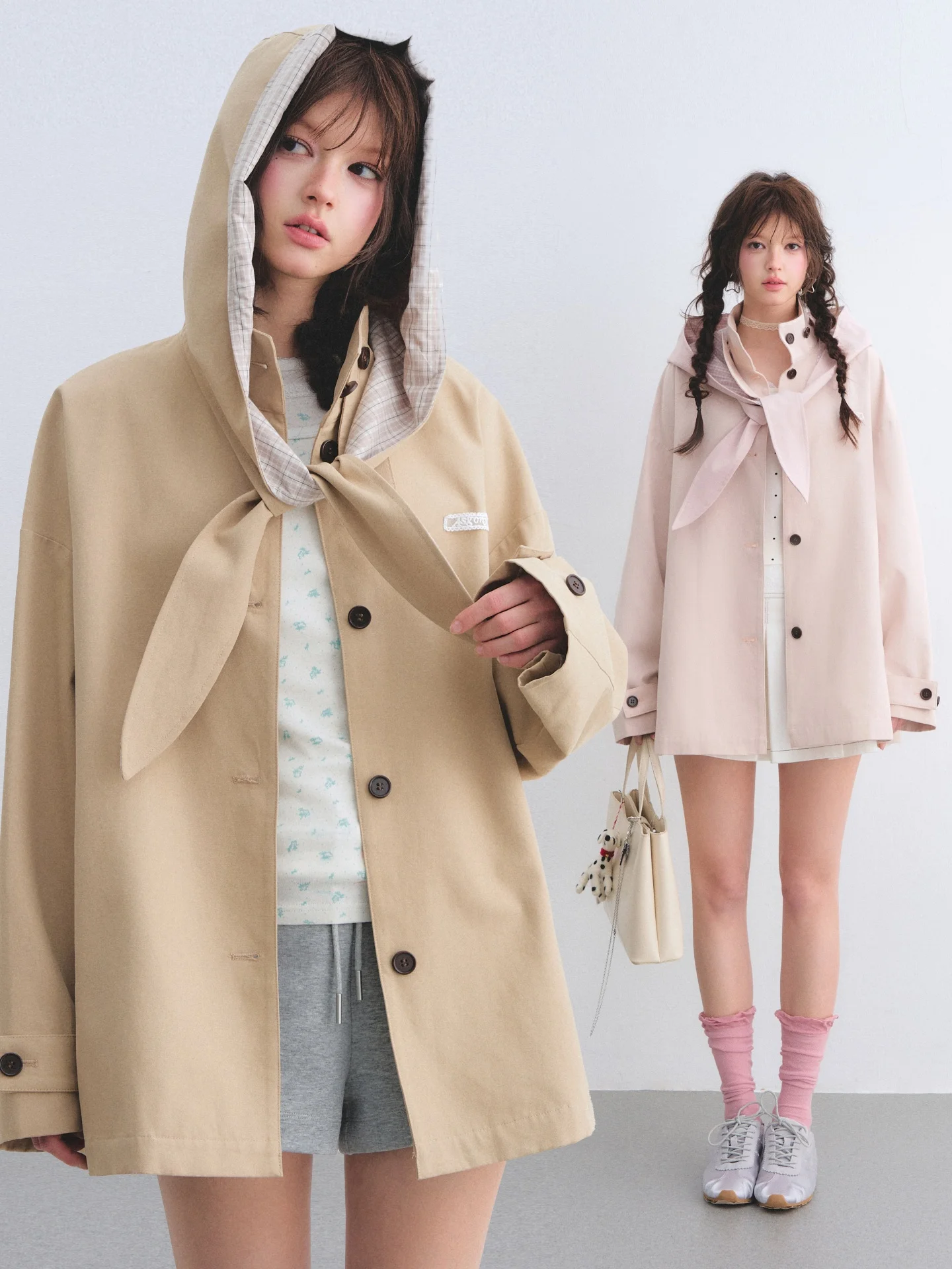 

AsGony Detachable Rabbit Ear Hat Plaid Patchwork Loose Simple Outerwear Women's Spring Fashion Breathable Long Sleeve Coat