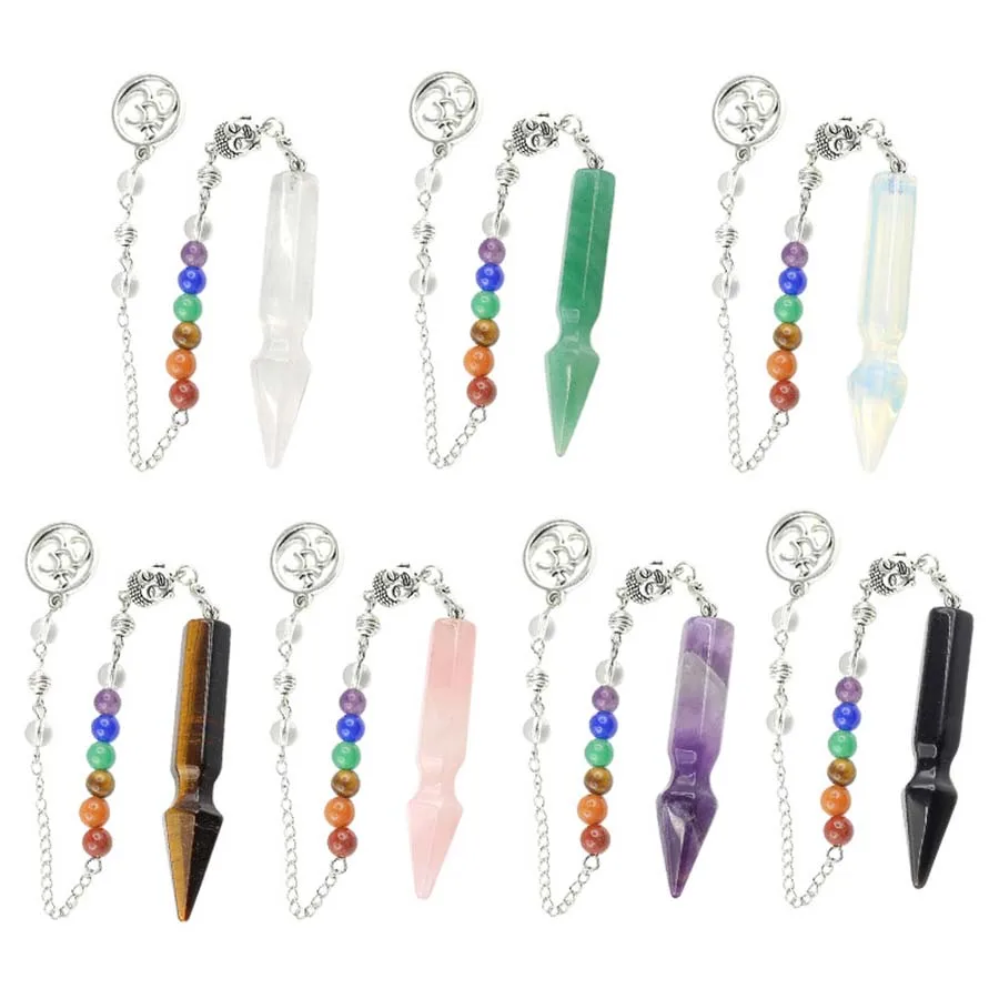 

Crystal Arrow Stone Pendulums for Dowsing Divination Natural Amethyst Rose Quartz Tiger Eye Stone Pendant Pendules Péndulo