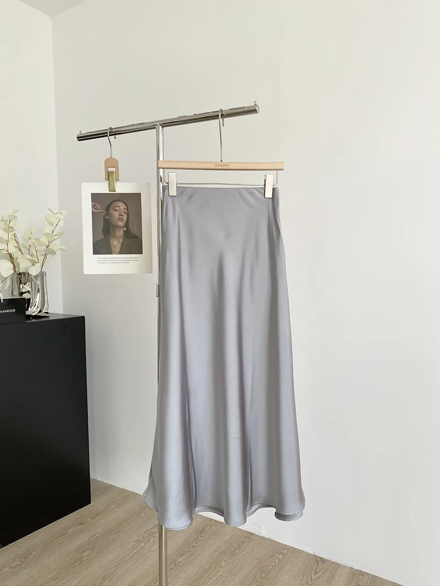 2025 Spring New French High-end Solid Color High Waist Satin Drape A Line Fishtail Long Dress Women Commuter Style Skirts