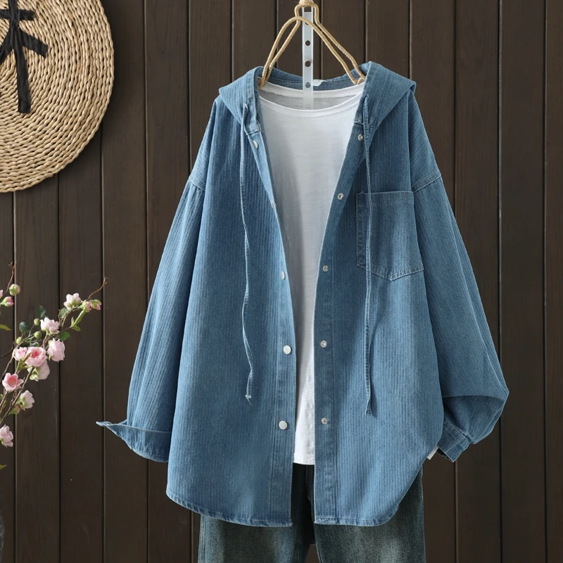 

SuperAen Oversize Single Breasted Loose Waist Hooded Denim Jacket for Women Korean Style Pocket Mid-length Casual Coats