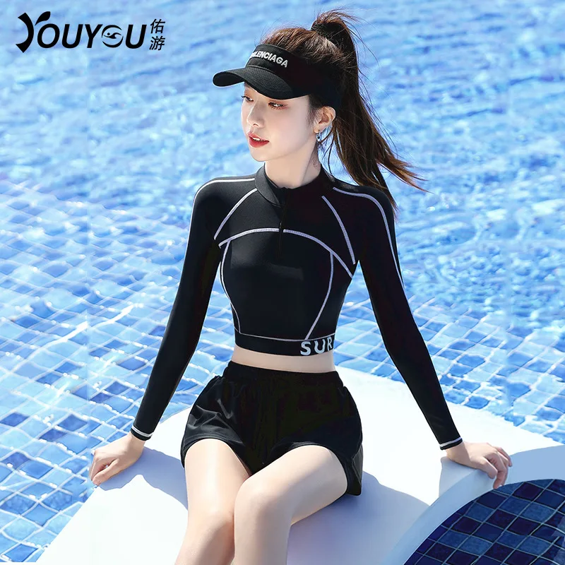 

Women UPF50+Quick-Drying Push Up Surfing Athletic SwimWear Long Sleeve Shirts+Trunks Bathing Beach Rash Guard SwimSuit