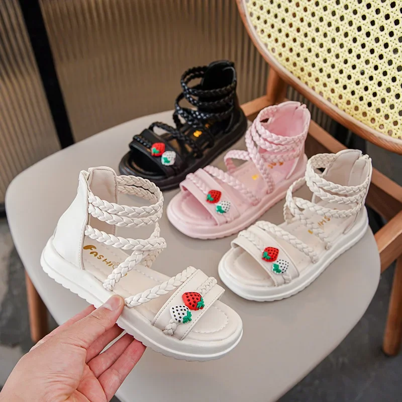 Children's Sandals Summer Cute Strawberry Girls Princess Roman Sandals Fashion Knitted Kids Causal Open-toe Gladiator Sandals