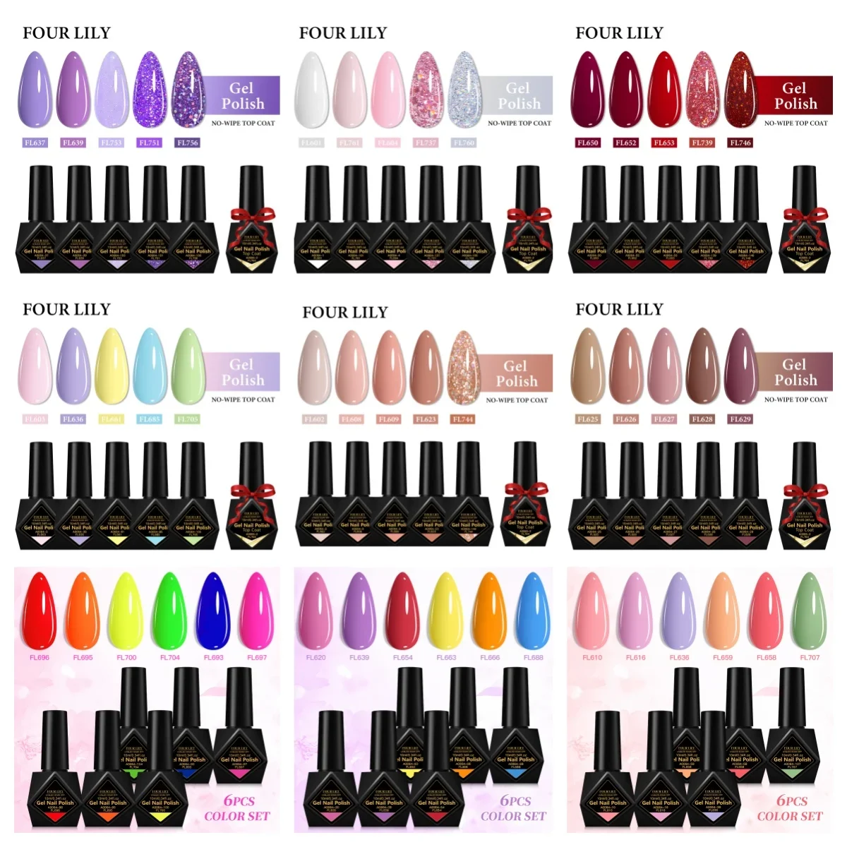 

FOUR LILY 6Pcs/Set 10ml Gel Nail Polish Pink Red Sparkly Neon Color Soak Off UV Gel LED Nail Art Manicure Kit Nail Supplies