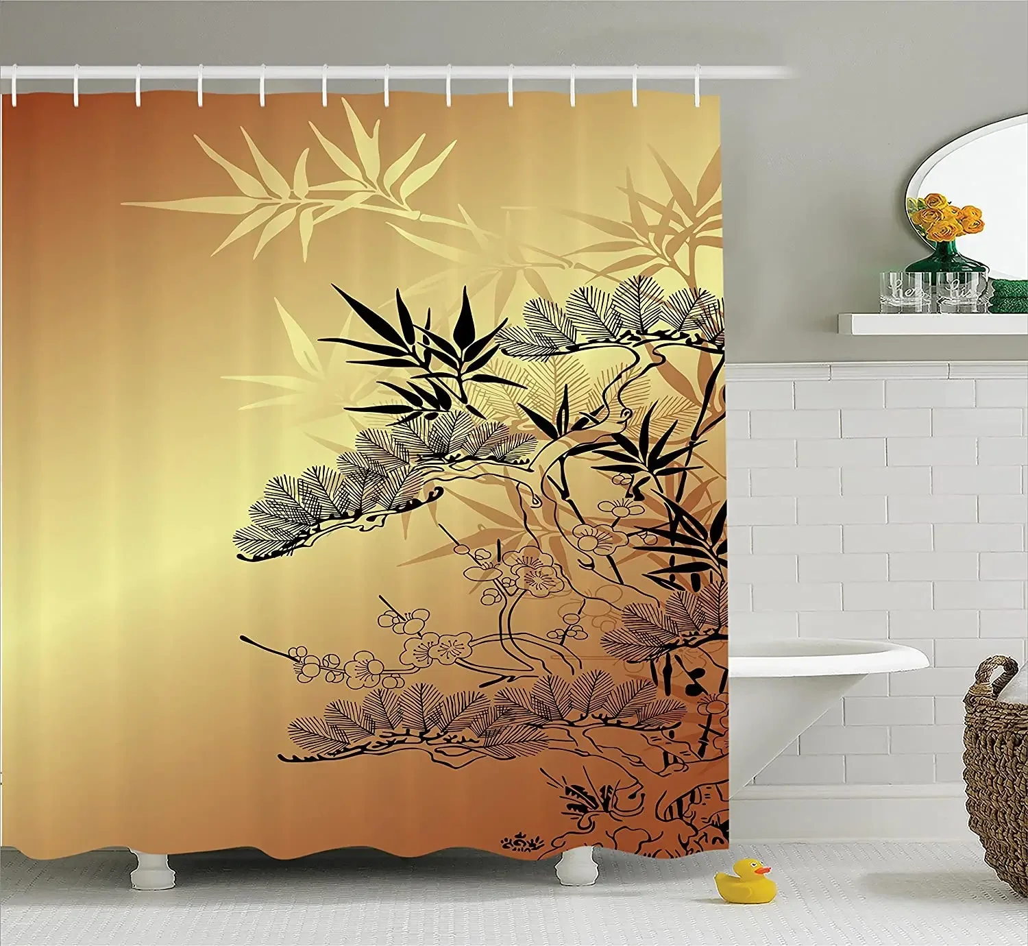 Japanese Shower Curtain Asian Style Branches and Bamboo Motifs with Showy Fragrant Leaves Nature Illustration Bath Curtains