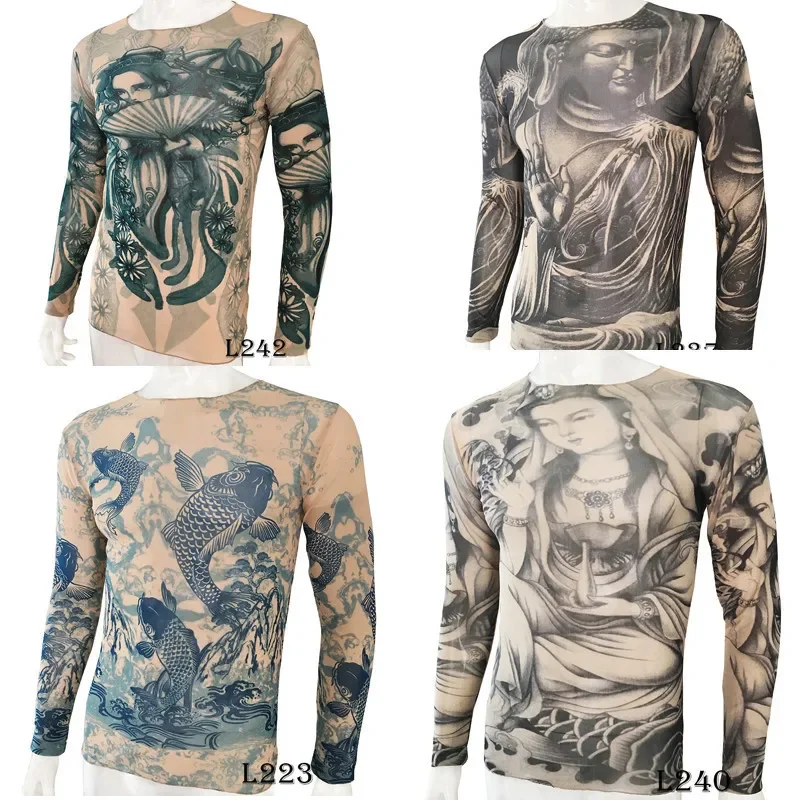 Funny Long Sleeve Fake Tattoo T Shirts All Over Print Men Women Arts Shirt  Slim Fit Thin Halloween Men's Clothing