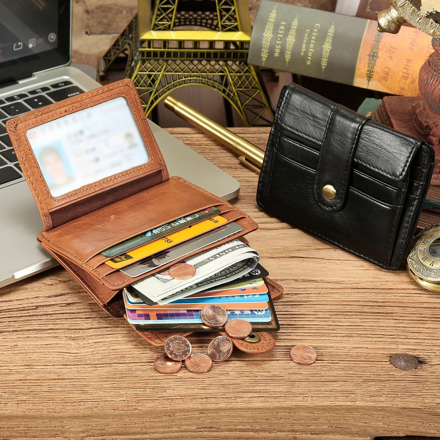 Vintage Leather Snap Small Wallet - Compact Bifold Organizer with ID Window, Card Slots & Coin Pocket for Cash, Cards & Coins