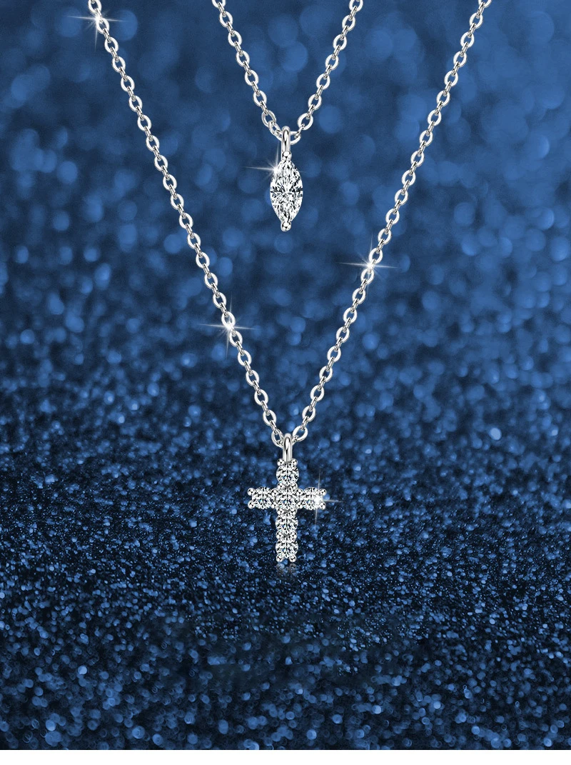 

Двухслойная цепочка из стерлингового серебра 925 пробы, ожерелье с подвеской из муассанита, крест-маркиза для женщин, вечерние ювелирные изделия, подарок