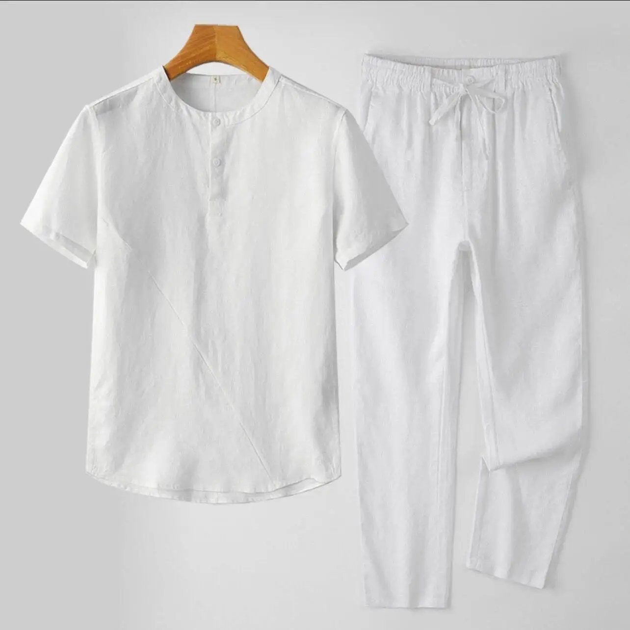 

Summer Cotton Linen Men's T-shirt Set Loose Fit Short Sleeve Nine Points Thin Cotton Linen Men's Clothing Full Set
