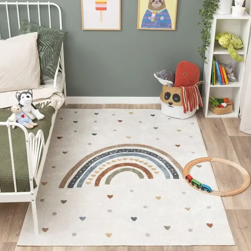 

Cute Heart Plush Kids Bedroom Rugs Soft Baby Mat Rainbow Hairy Nursery Play Mat For Children White Fluffy Carpet For Living Room