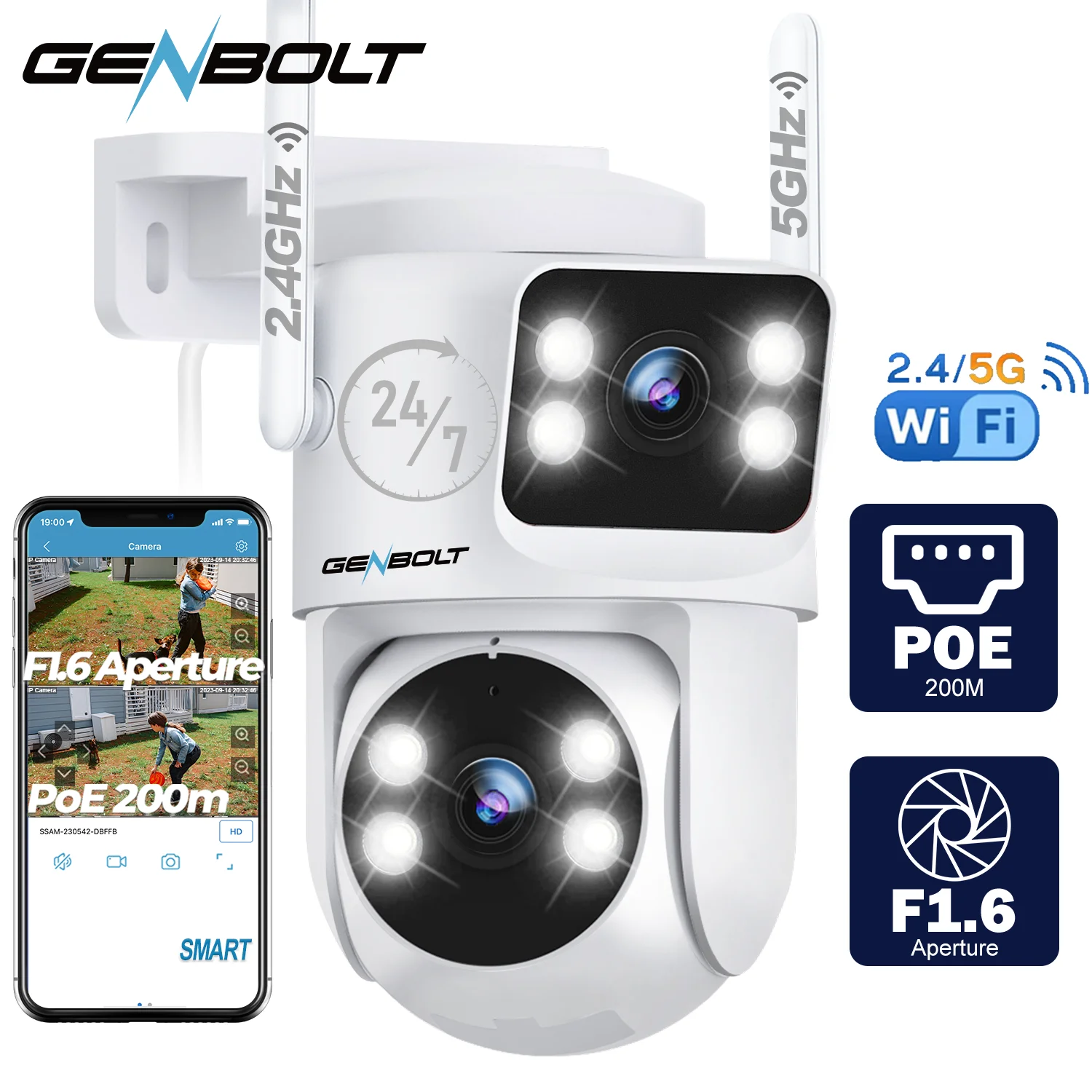 GENBOLT WiFi Security Camera Outdoor Dual Lens, 2.4/5GHz PoE Camera with Dual View, CCTV IP Camera 7/24 Recording Cloud Storage Upgraded with Color Night, Auto Tracking Humanoid Detection [DC&PoE]