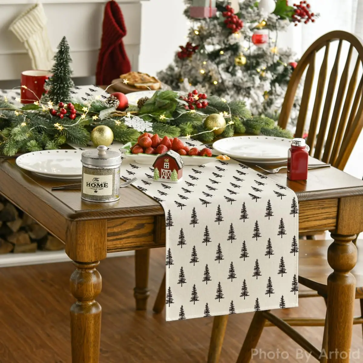 Beige Xmas Tree Christmas Table Runner, Elegant Rustic Winter Dining Table Decor for Home Party