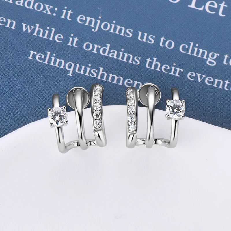 OXTAO جولة مويسانيتي الأطواق أقراط موضة نصف المفتوحة الكفة الحقيقية 925 الفضة ثقب وأقراط مجوهرات هدية للنساء