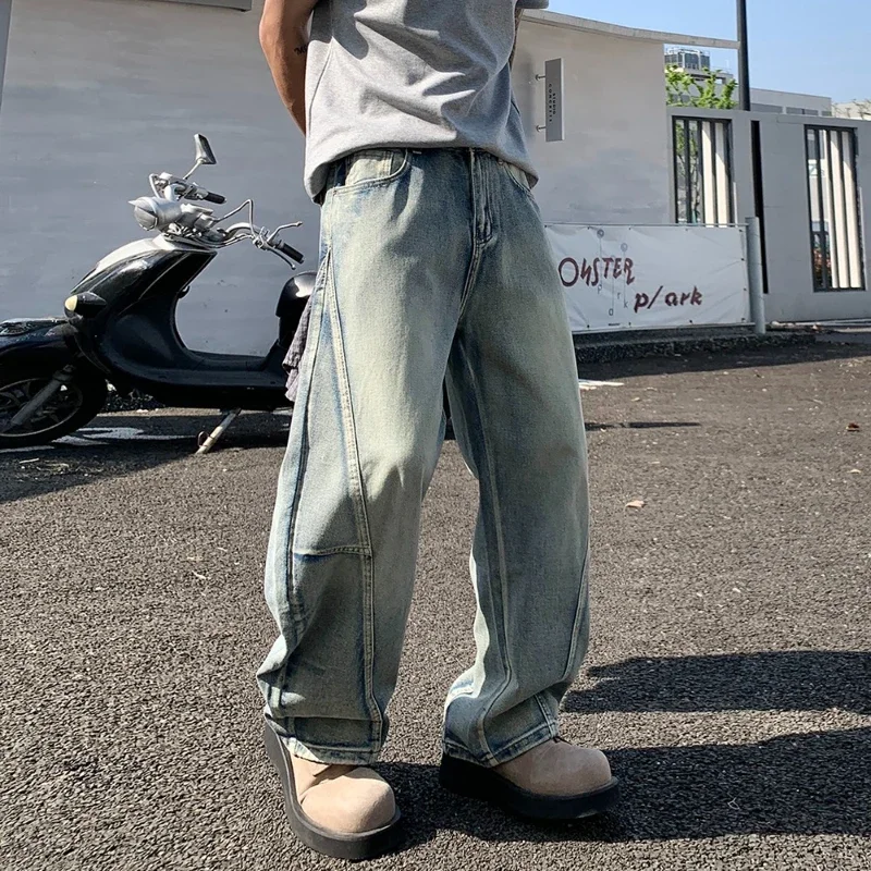 Oversized Baggy Men's Jeans Nostalgic Splicing Y2K Denim Pants 2025 Autumn New Fashion Wide leg Hip Hop Trousers Streetwear