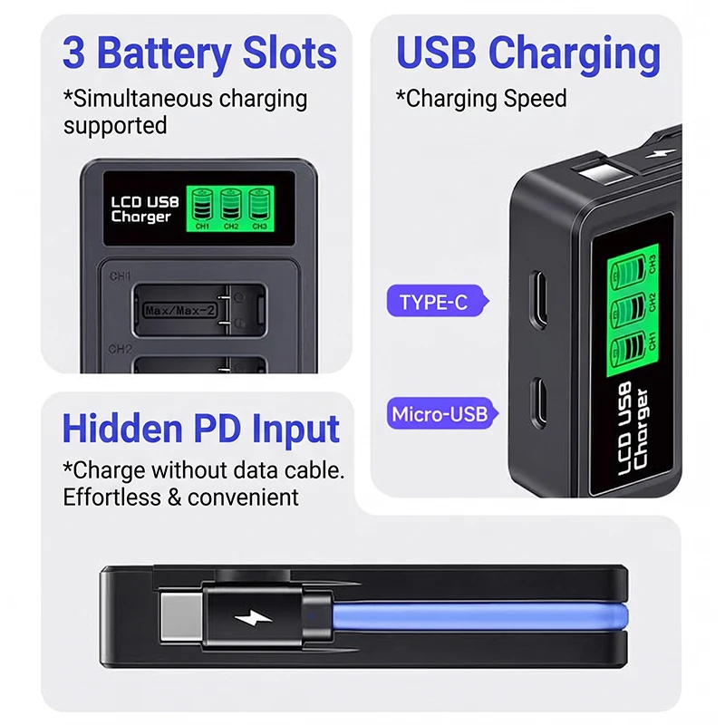 3-Bay USB Triple Battery Charger for GoPro MAX2 LCD Display Charging Station Power Bank Wall Charging Compatible with GOPRO MAX2 - view 5