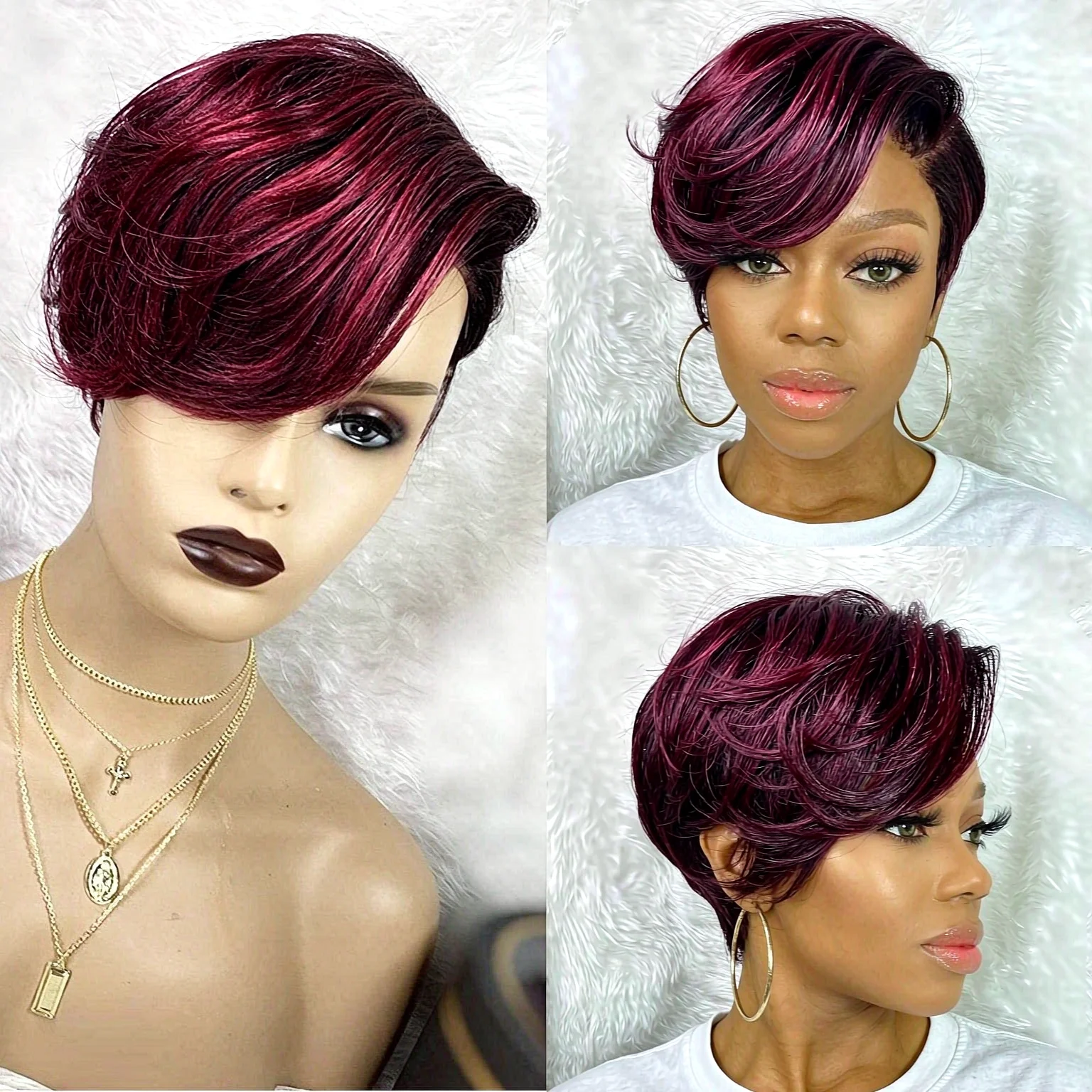 13x4 HD Lace Short Pixie Wig 99J Human Hair 6 Inch Straight Free Part Full Volume Lightweight Ready to Wear for Black Women