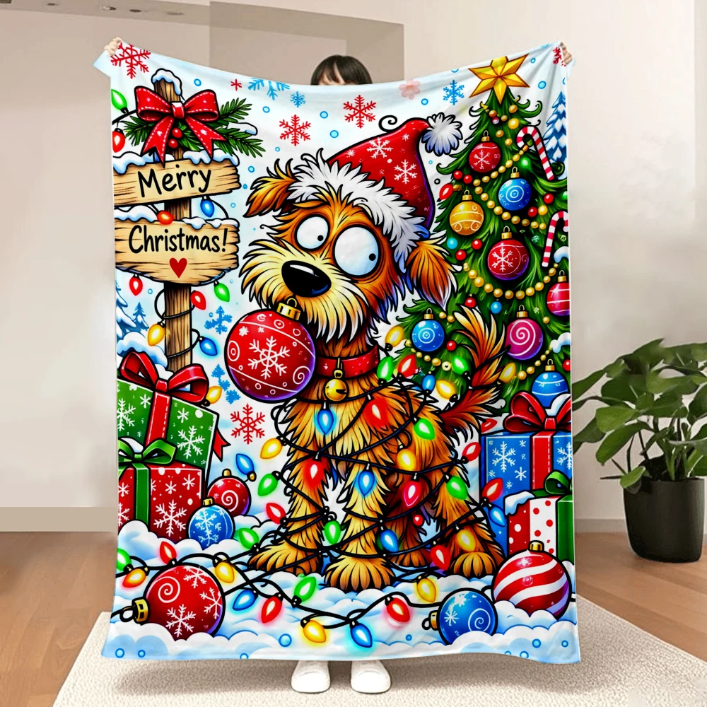 1PC cute Christmas dog and lights printed blanket-made of soft and comfortable flannel, perfect for the sofa or bed. Ideal for C