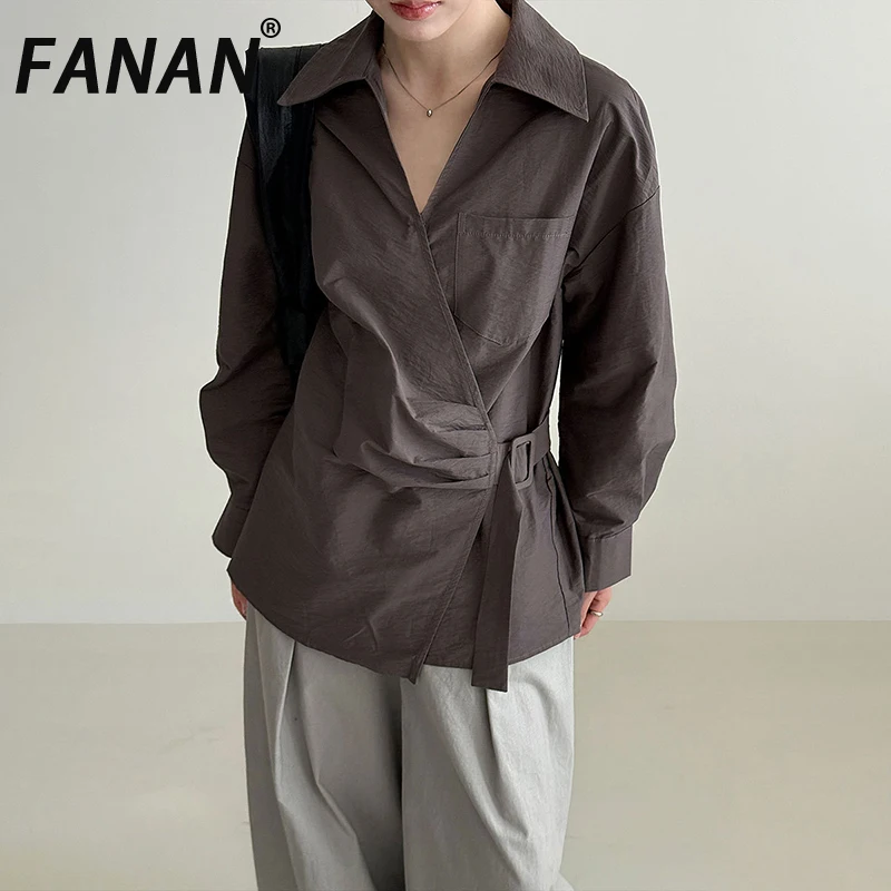

FANAN темпераментные асимметричные рубашки для женщин, однотонный пояс, элегантные женские топы с лацканами на талии и длинными рукавами, новинка осени 2023 г.