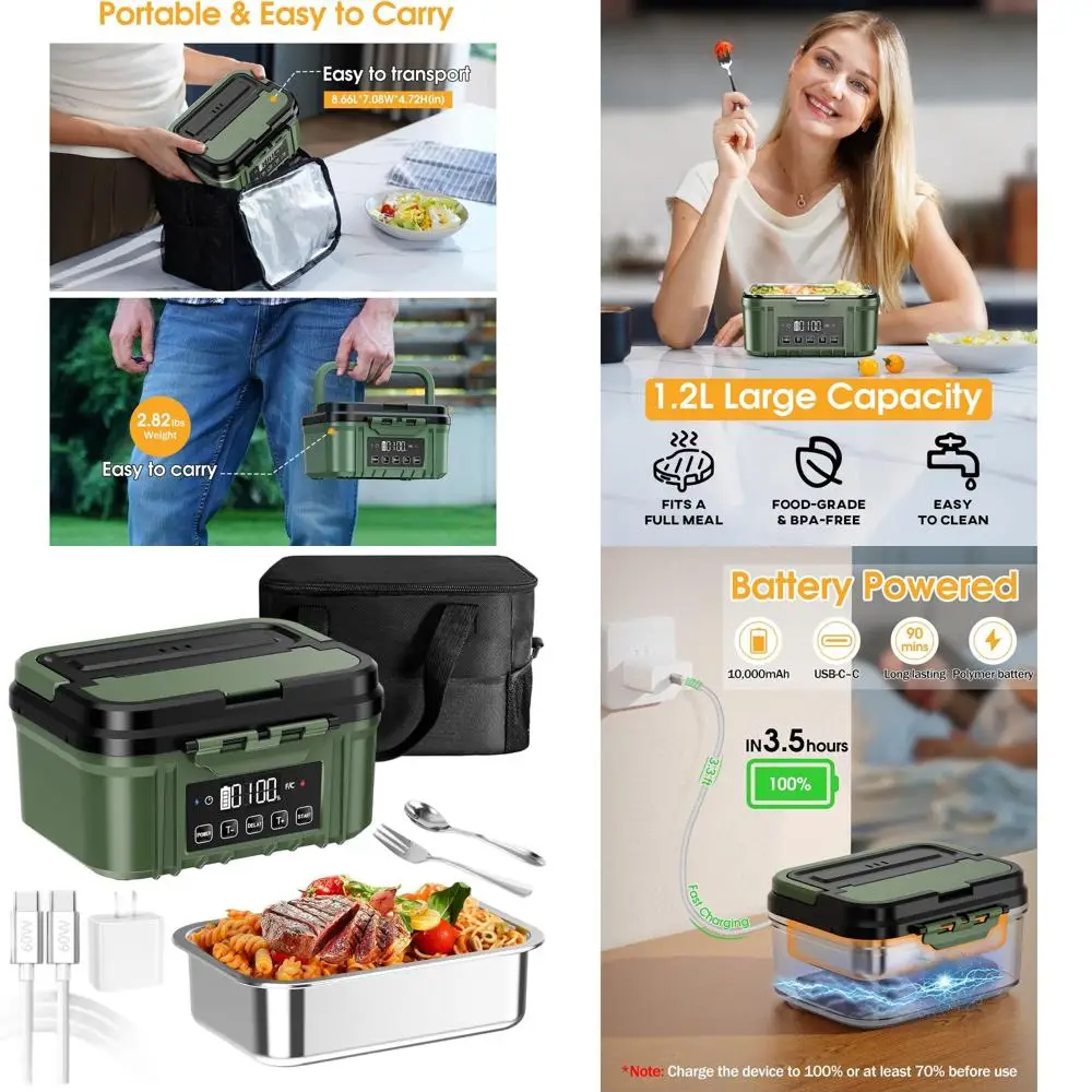 

Портативный ланч-бокс с электрическим подогревом для взрослых — нержавеющая сталь 1,2 л, таймер, герметичный контейнер для работы и путешествий
